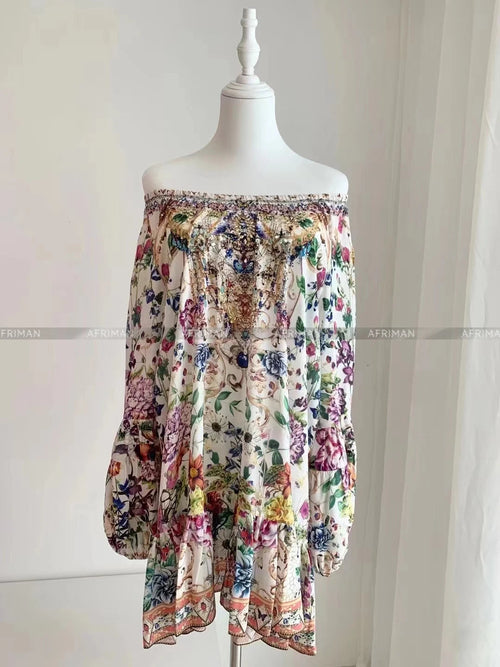 Women Retro Slash Collar Crystal Beaded Floral Print Flare Sleeve 100%