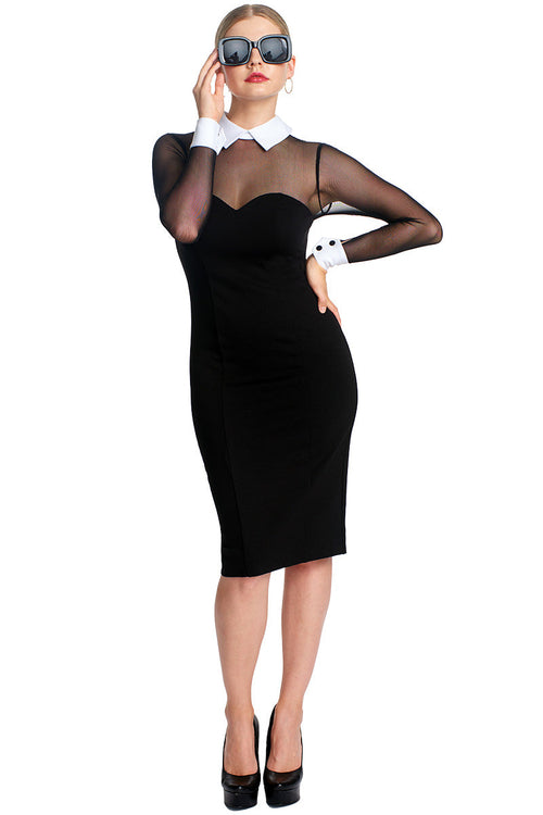Tuxedo Illusion Sheath Dress - Black & white midi dress with mesh