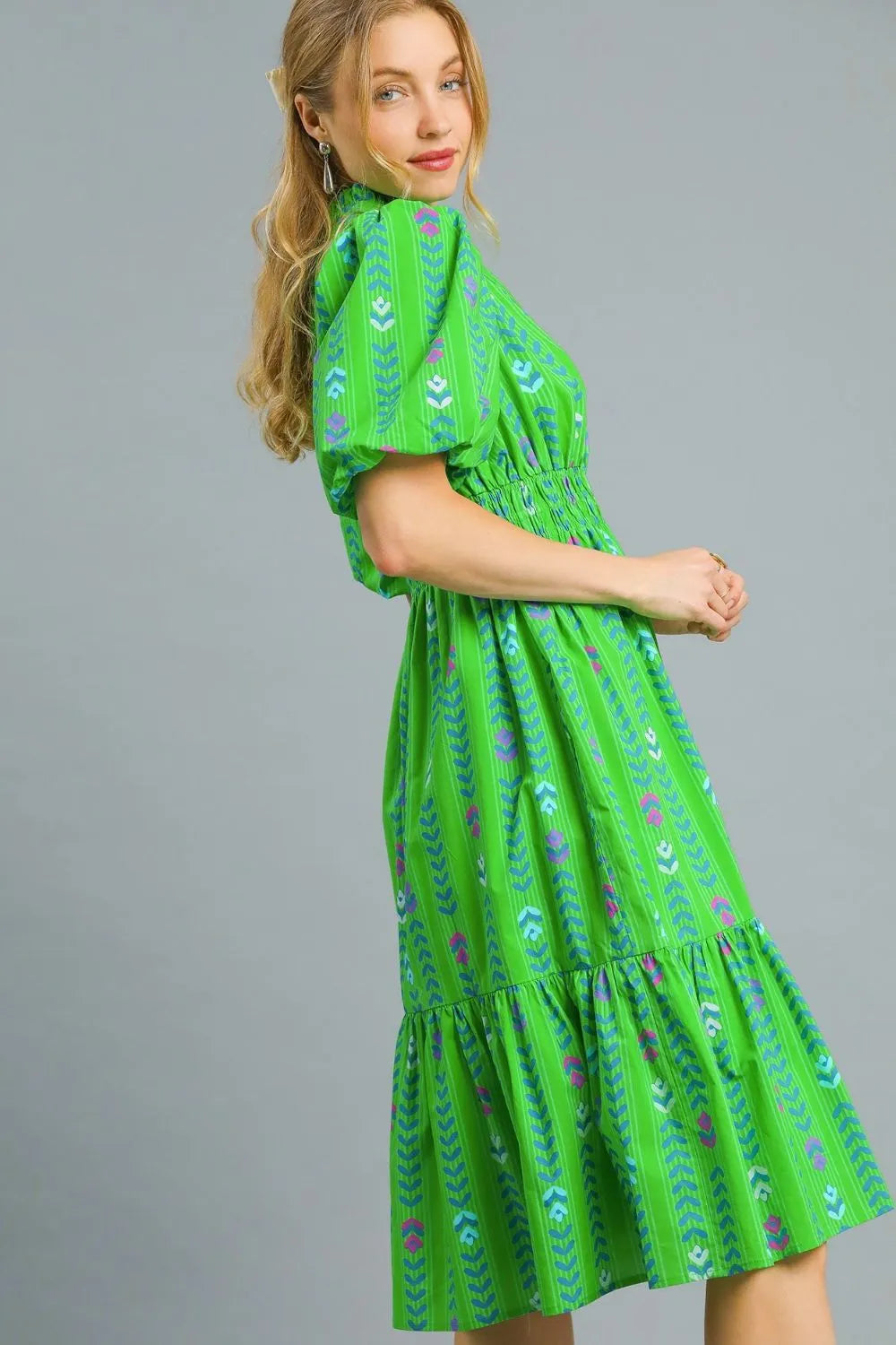 Umgee Printed Midi Dress with Ruffled Hem